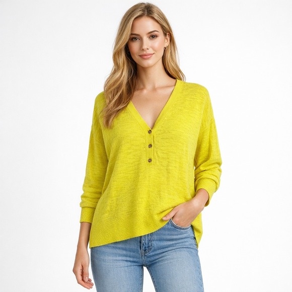 LOFT Sweaters - LOFT Henley‎ Sweater Top Size M Bright Yellow Knit Cotton Blend 3/4 Sleeves Chic